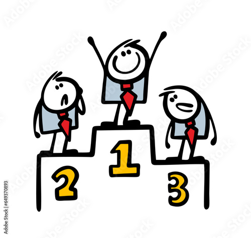 Doodle winner and the loser businessman stands on a sports podium after a business competition. Vector illustration of office employees and career success.