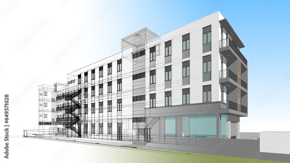 Modern building architectural sketch 3d illustration