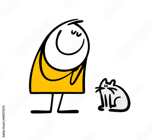 Romantic stick figure fat woman has met a cat and is touched by her sweetness. Vector illustration of gray kitten and sensitive Female stickman, an animal lover.
