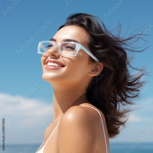 Fashionable woman wearing brightly colored glasses