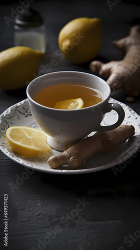 Cup of ginger tea  ginger root and lemon