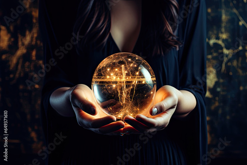 Woman holding a crystal ball, mysterious background 