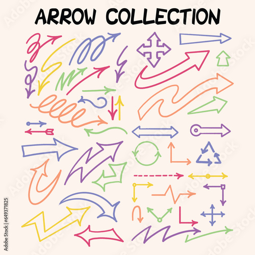 hand drawn fun colourful doodle arrow collection set, marker, pen, jittery, symbol, direction, symbol, playful graphic