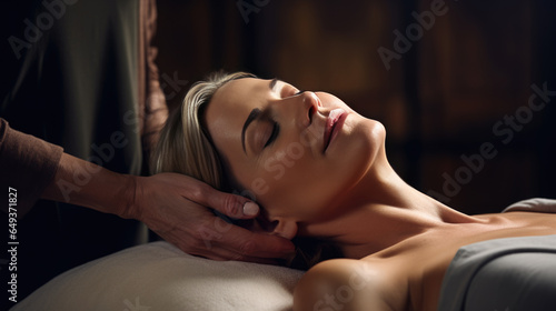 Woman enjoying head and neck massage in spa salon