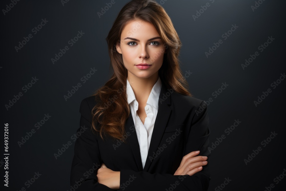 Portrait of serious girl in business black suit on dark background. Portrait of serious girl in business black suit on dark background.