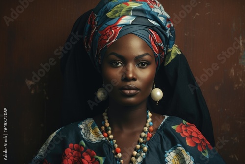 Portrait of an African woman in traditional attire on a brown old wall background.