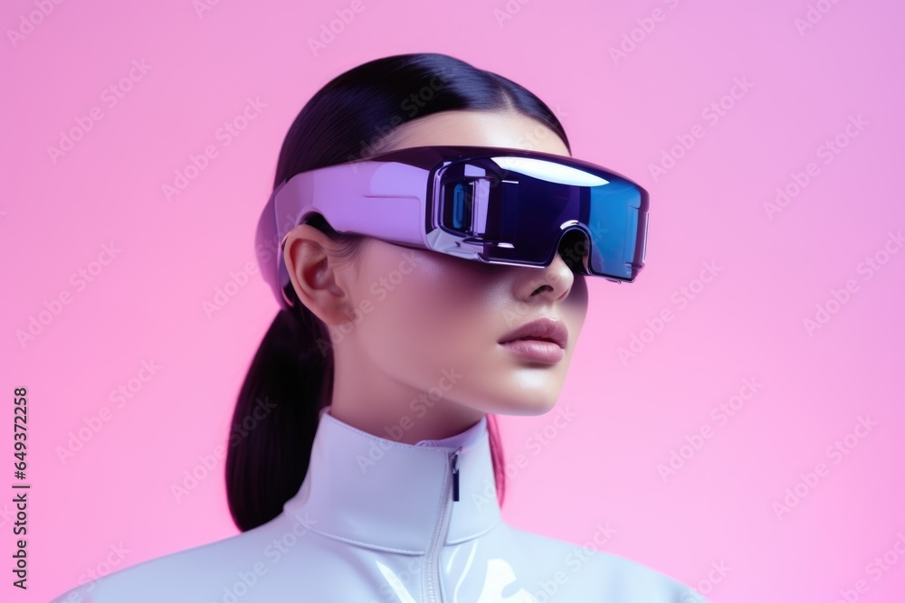 Futuristic portrait of a young brunette in a white latex jacket wearing VR goggles on a pink background. Futuristic portrait of a young brunette in a white latex jacket wearing VR goggles on a pink background.
