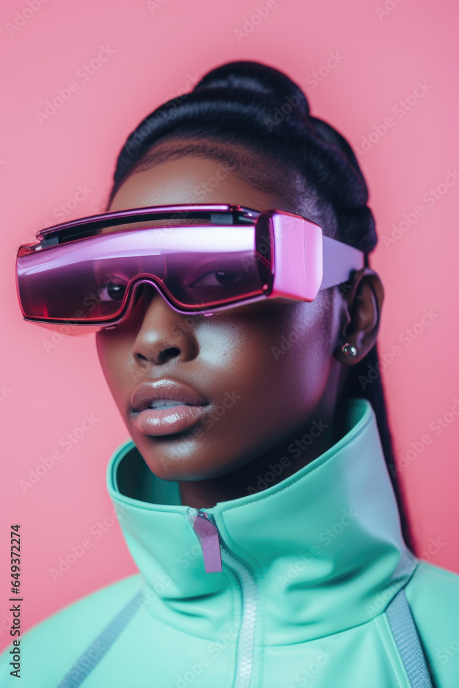 Futuristic portrait of an african girl wearing a blue glossy jacket and purple glasses on a pink background. Futuristic portrait of an african girl wearing a blue glossy jacket and purple glasses on a pink background.