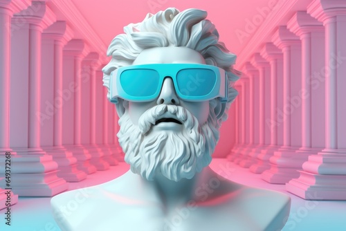 Photographie White bust of Zeus wearing blue glasses against pink perspective colonnade