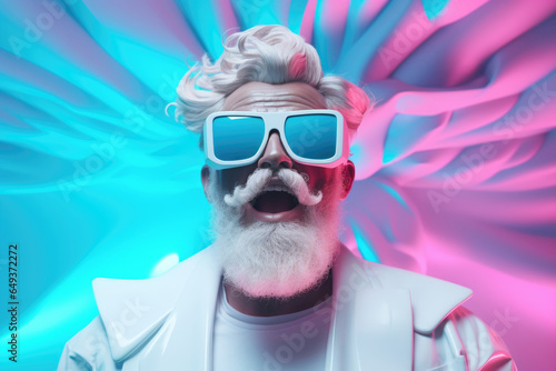 Futuristic portrait of an enthusiastic elderly man wearing glasses on a pink and blue abstract background.
