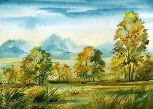 Beautiful autumn landscape, morning, watercolor painting, illustration, natural landscape hand painted 