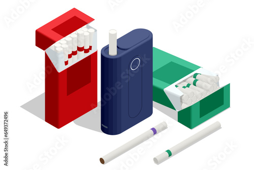 Isometric electronic smoking devices on white background. E-cigarette refills. Liquids for vaping devices.