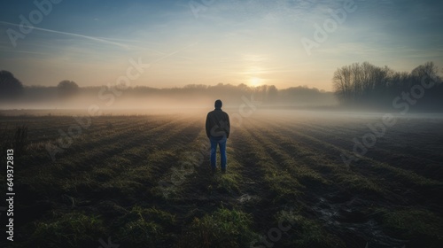 Farmer stands alone in an empty field with his back to the camera and looks into the fog. Early morning light breaks through the fog. Farmer alone in an empty field.
