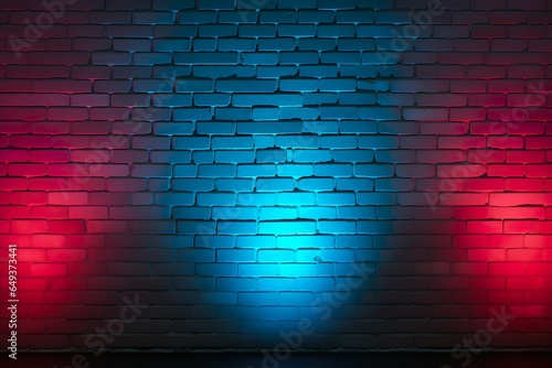 Lighting effect red and blue on empty brick wall background. Showing or placing products. Lighting effect red and cyan wall background   Generative AI