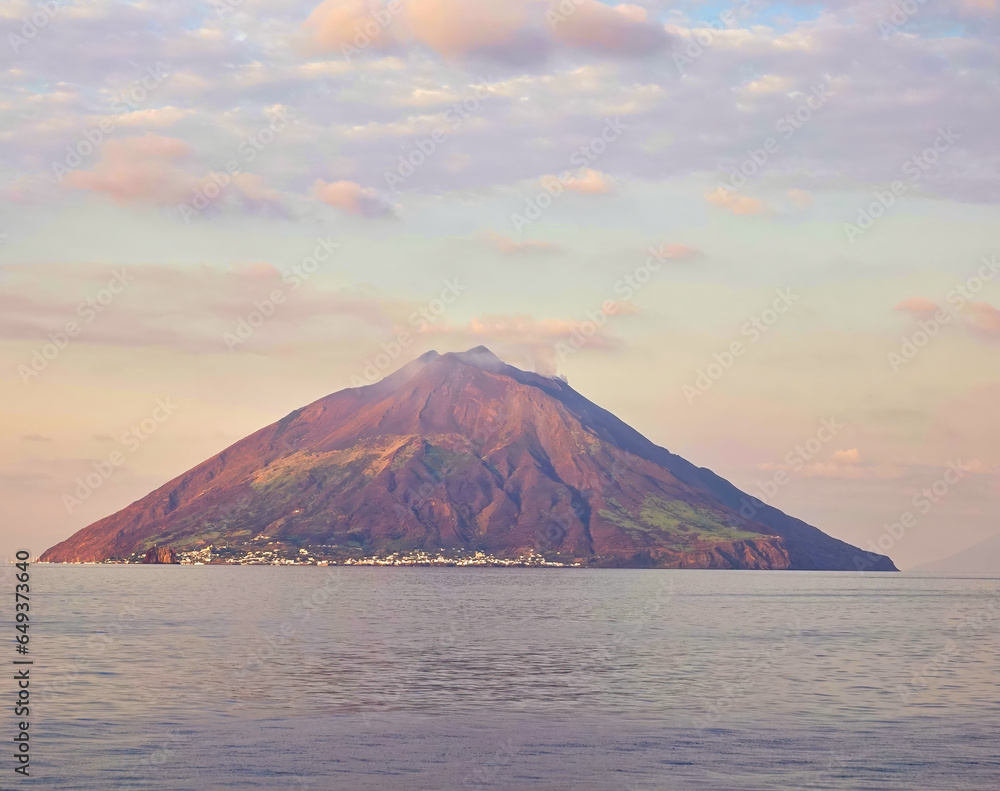 Volcano Stromboli at sunrise