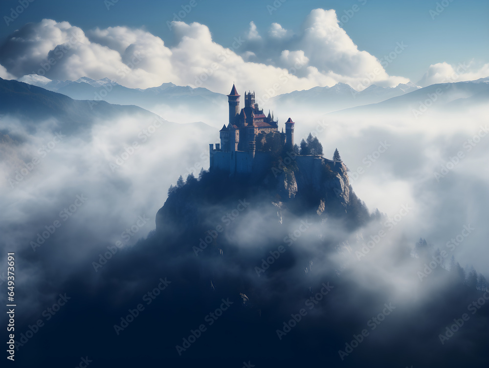 Castle Atop a Mountain under Cloudy Sky: Historical Fortress Amidst Nature's Grandeur