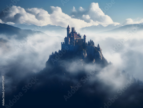 Castle Atop a Mountain under Cloudy Sky  Historical Fortress Amidst Nature s Grandeur