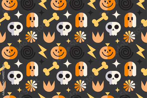 Halloween seamless pattern with flat vector illustrations of pumpkin, skull, ghost and various geometric elements