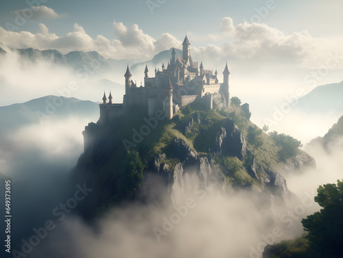 Ethereal Mountain Castle with Illuminated Tower: Mystical Fog and Tranquil Landscape Scene