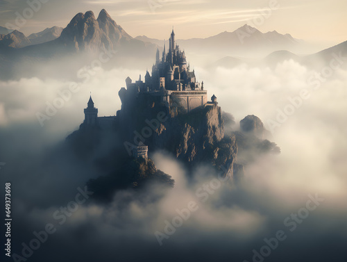 Fantasy Castle Above the Clouds: Hyperrealistic and Zen-Inspired Misty Landscape