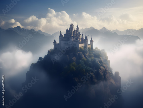 Mystical Mountain Castle: Grand Design with Fog, Towering Trees, and Floating Clouds against a Blue Sky