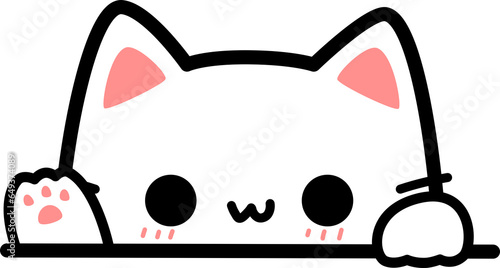 Fotografie Cute White Cat Wave Hand Cartoon Doodle Flat Style