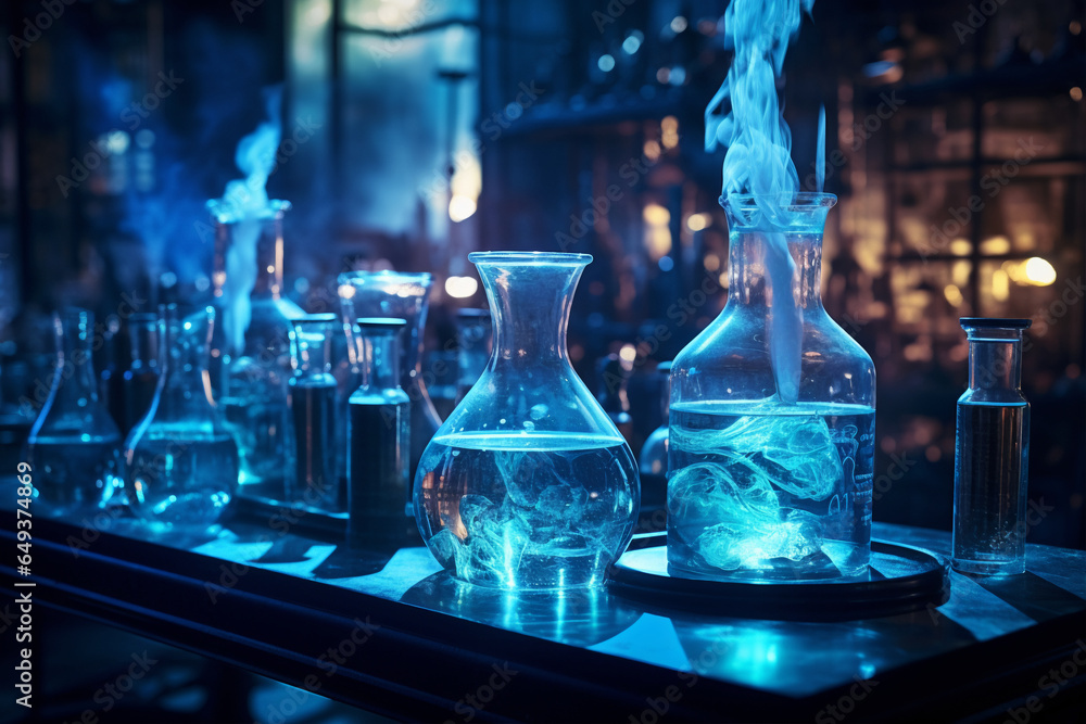 Scientist in laboratory analyzing blue substance in beaker, conducting medical research for pharmaceutical discovery, biotechnology development in healthcare, science and chemistry concep