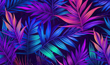 Tropical leaves wallpaper. Colorful neon abstract foliage background.