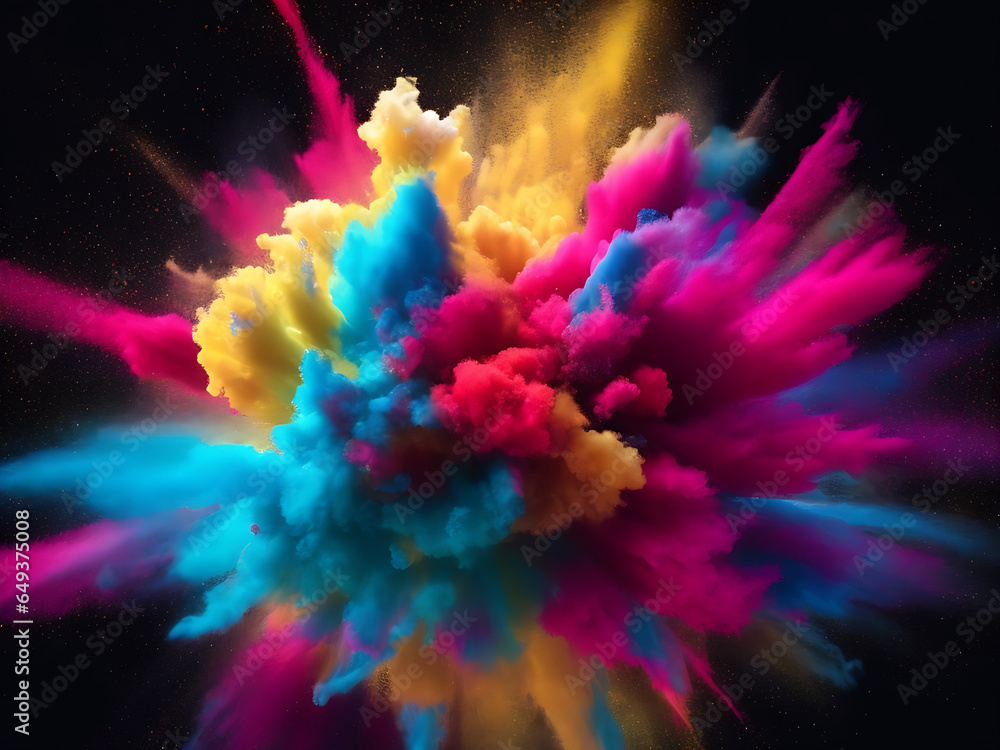 Multicolor powder smoke explosion holi paint black background. generated ai