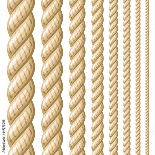 Vector Seamless Rope Set, group of illustration vertical decorative natural long ropes, collection of many different repeating hemp ropes on white background