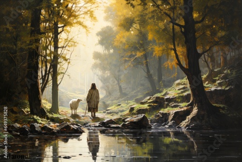 Illustration of Jesus Christ The Shepherd in the middle of nature looking for and finding the lost sheep offering salvation Generative AI photo