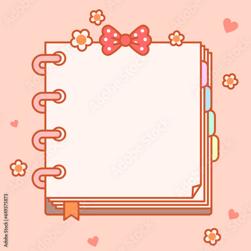 Abstract cute background with notebook and flowers vector illustration. Abstract kawaii background. Decoration banner themed Lol surprise doll girlish style. Invitation card template