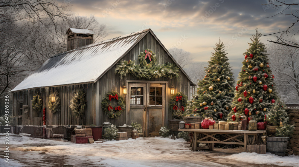 Illustration of an old wooden house village in the middle of the snow in the winter season with Christmas decoration Generative AI