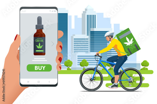 Isometric Legalized marijuana. Order cannabis or cbd product online via mobile application. Cannabis online store with Cannabis products. Herbal alternative medicine, cbd oil, pharmaceptical industry