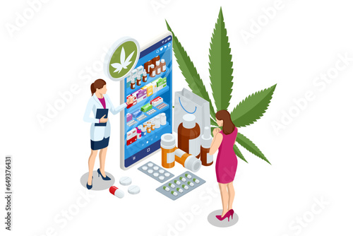 Isometric Legalized marijuana. Order cannabis or cbd product online via mobile application. Cannabis online store with Cannabis products. Herbal alternative medicine, cbd oil, pharmaceptical industry