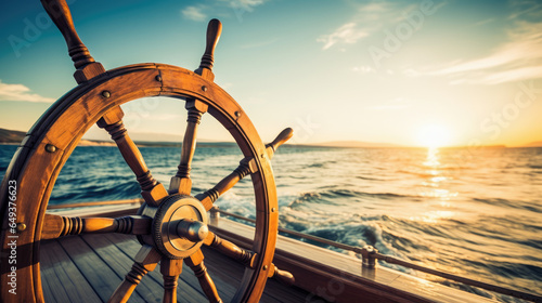 ship wheel on boat with sea and sky. freedom and adventure. direction concept © mimadeo