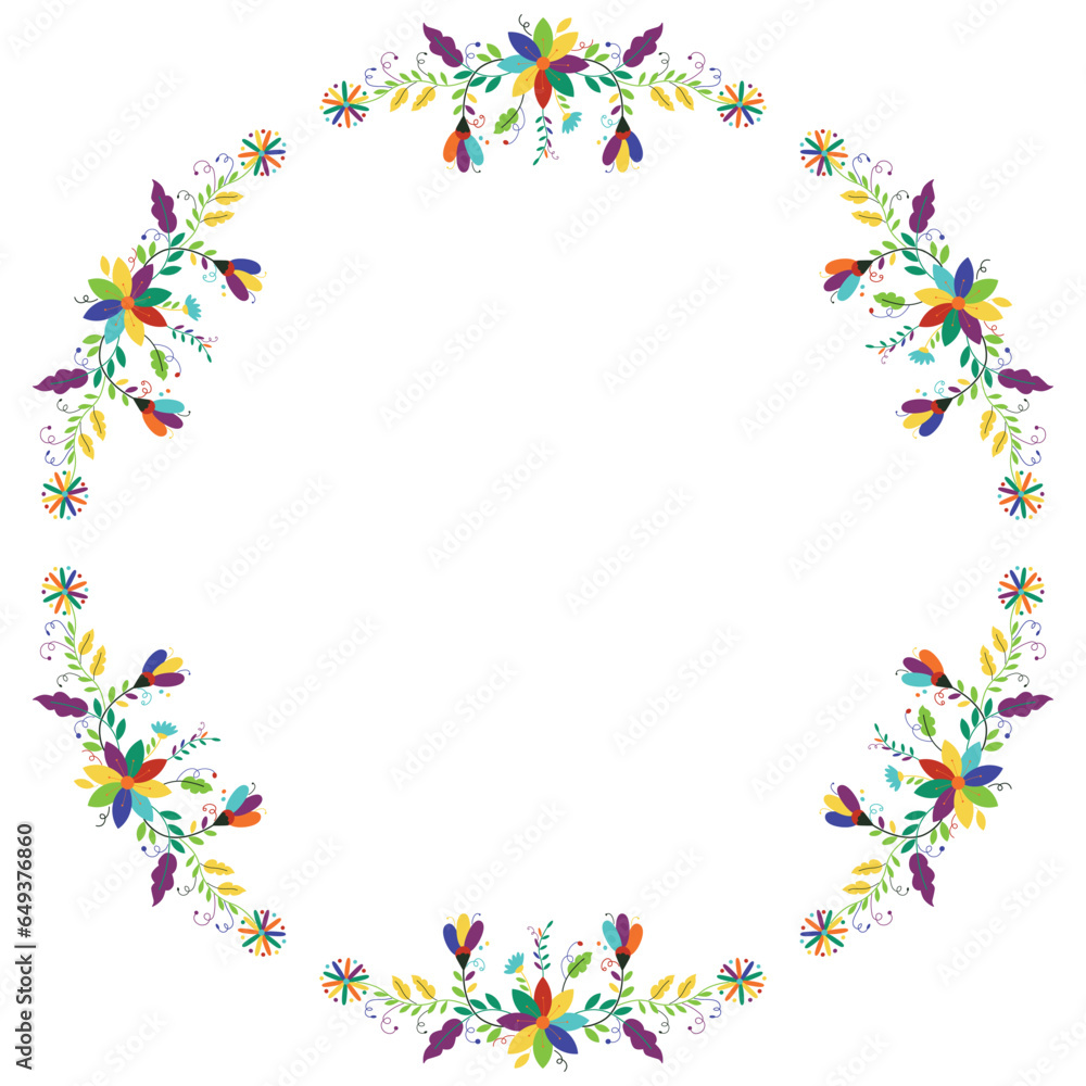 Folk embroidery frame. Design template for fiesta invitation, wedding and birthday invitation card, greeting xard. Mexican Otomi Tenango embroidery style. Round border. Vector