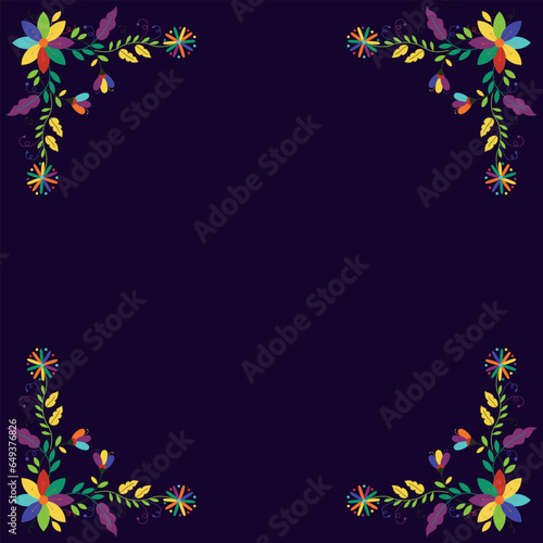 Folk embroidery frame. Design template for fiesta invitation, wedding and birthday invitation card, greeting card, restaurant menu. Mexican Otomi Tenango embroidery style. Square floral border. Vector