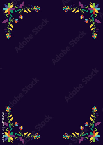 Folk embroidery frame. Design template for fiesta invitation, wedding and birthday invitation card, greeting card, restaurant menu. Mexican Otomi Tenango embroidery style. Size A4 border. Vector