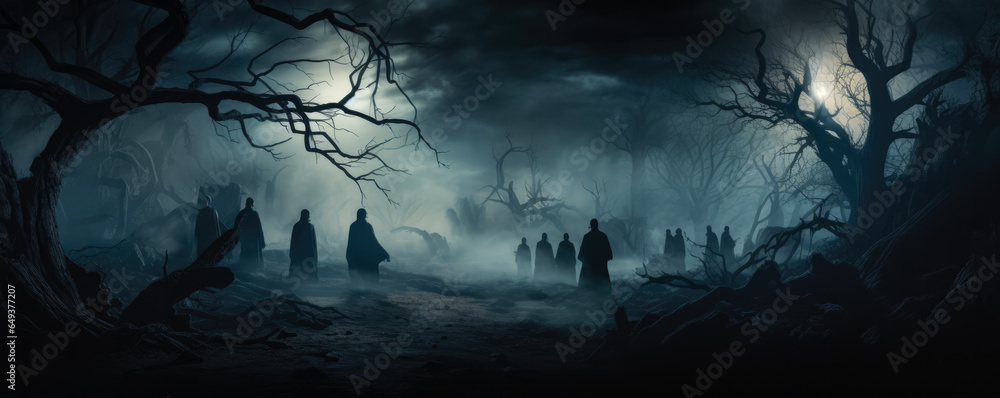 Ghostly silhouettes in a haunted forest background with empty space for text Ghostly silhouettes in a haunted forest background with empty space for text