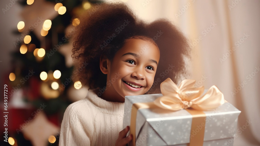 Black african american child with a Christmas present during Christmas time. Little child recieving a Christmas present. Happy child smiling with a present. Christmas tree with lights in the backgroun Black african american child with a Christmas present during Christmas time. Little child recieving a Christmas present. Happy child smiling with a present. Christmas tree with lights in the backgroun