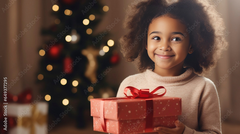 Black african american child with a Christmas present during Christmas time. Little child recieving a Christmas present. Happy child smiling with a present. Christmas tree with lights in the backgroun Black african american child with a Christmas present during Christmas time. Little child recieving a Christmas present. Happy child smiling with a present. Christmas tree with lights in the backgroun