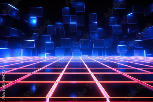 Glowing neon grid in cyberspace background with empty space for text 
