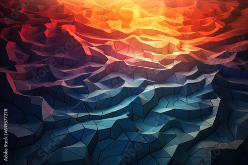 Glowing tessellated polygons merging into an eccentric 3D geometric landscape 