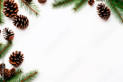 Christmas composition. Frame made of fir tree branches, pine cones on white background. Christmas, winter, new year concept. top view, copy space