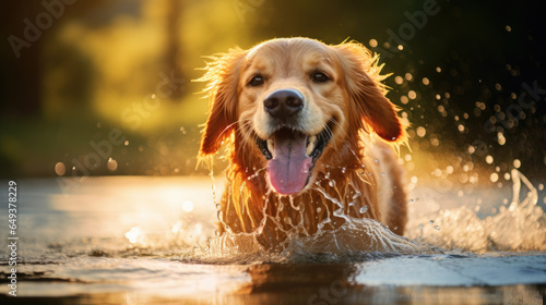 Smiling face cute Golden Retriever running and playing with sprinkled water on a grass lawn in summer.