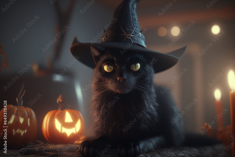 Black cat with yellow eyes and witch hat at Halloween night Black cat with yellow eyes and witch hat at Halloween night