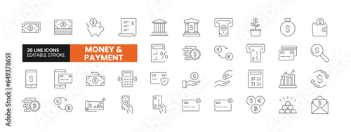 Set of 36 Money & Payment line icons set. Money & Payment outline icons with editable stroke collection. Includes Bank, Mobile Banking, Payment, Cash, Money Transfer and More.