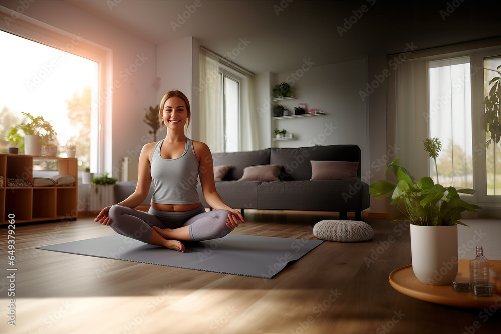 panoramic portrait of a pretty overweight woman doing exercise at home panoramic portrait of a pretty overweight woman doing exercise at home