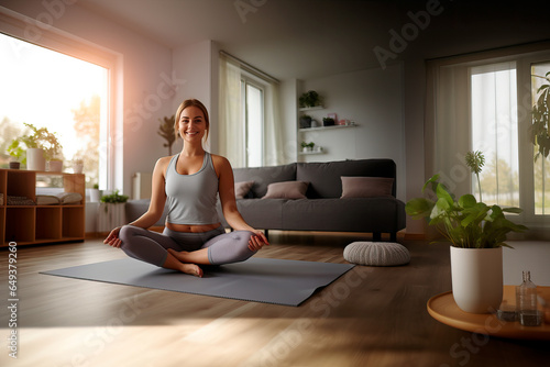panoramic portrait of a pretty overweight woman doing exercise at home